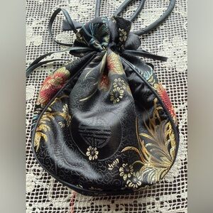 Brocade black and red Floral Satin Drawstring evening bag